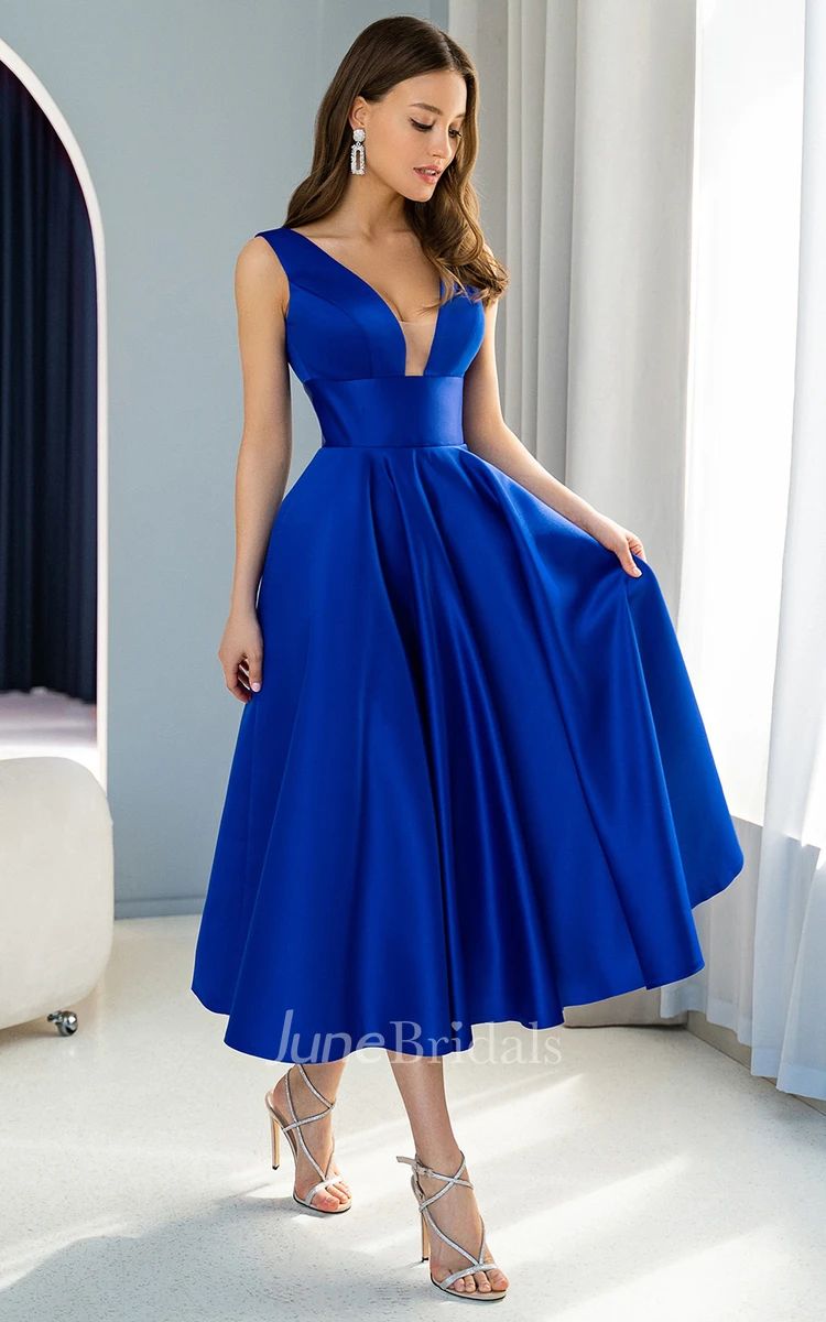 Royal Blue Satin A-Line Dress with Plunging Neckline Royal Blue Satin A-Line Dress with Plunging Neckline — Tea Length Dresses