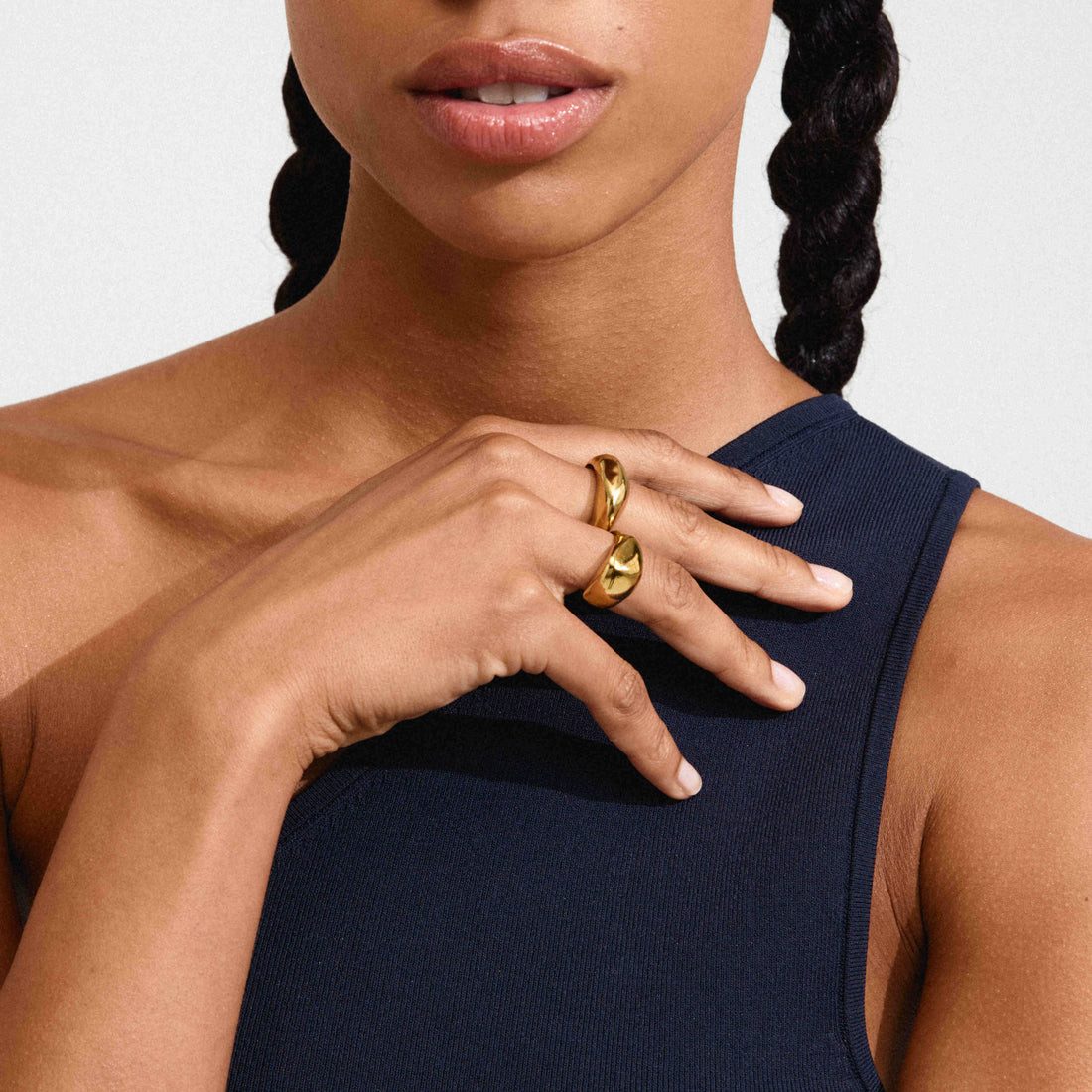 Dome Gold Rings with Navy Ribbed Top — Chunky Rings
