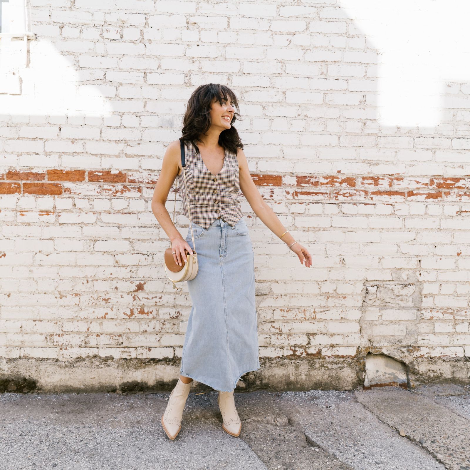 Plaid Vest and Denim Skirt: Casual Daytime Ensemble — Atlanta Outfits