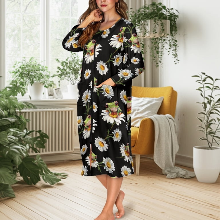 Black Frog and Daisy Print House Dress — House Dresses