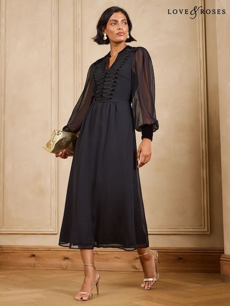 Black Midi Dress with Sheer Puff Sleeves — Going Out Dresses