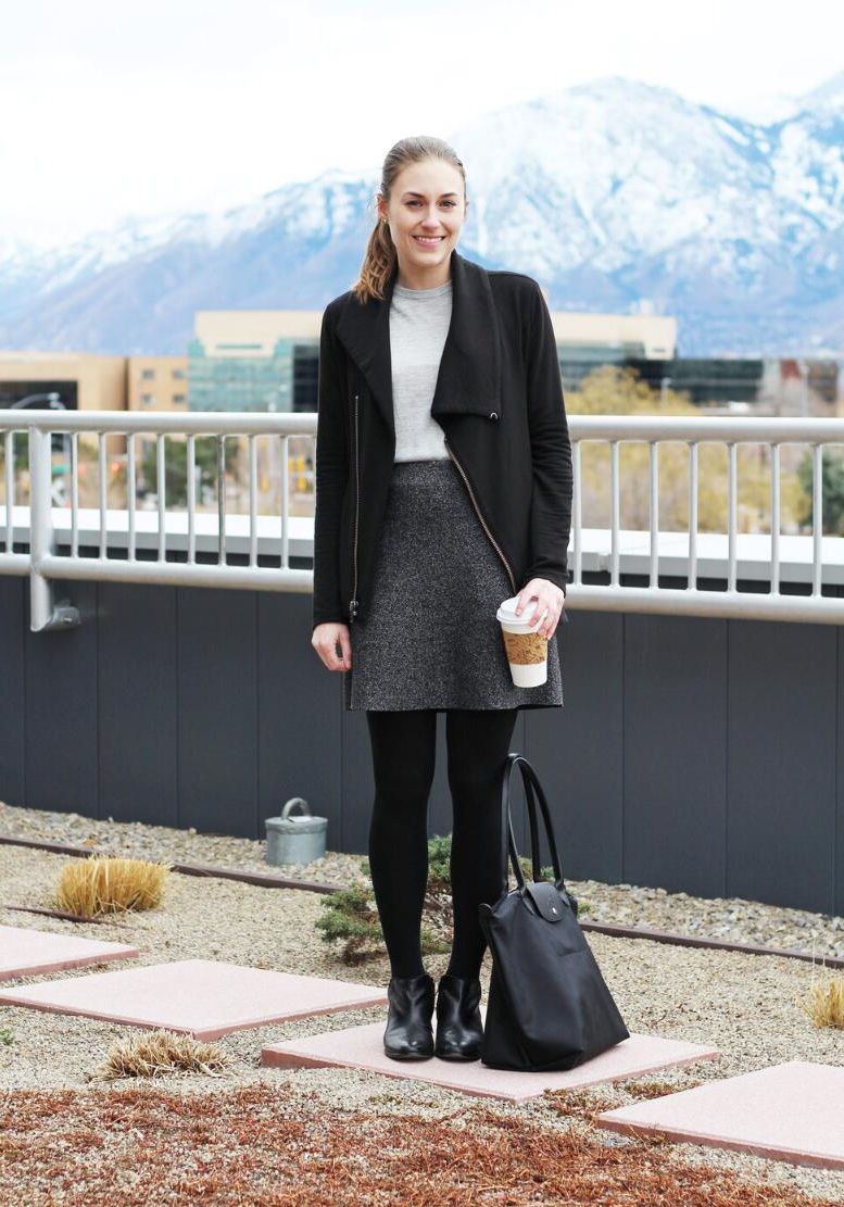 Textural Contrast: Knit Sweater with A-Line Skirt and Asymmetrical Jacket Textural Contrast: Knit Sweater with A-Line Skirt and Asymmetrical Jacket — Internship Outfits