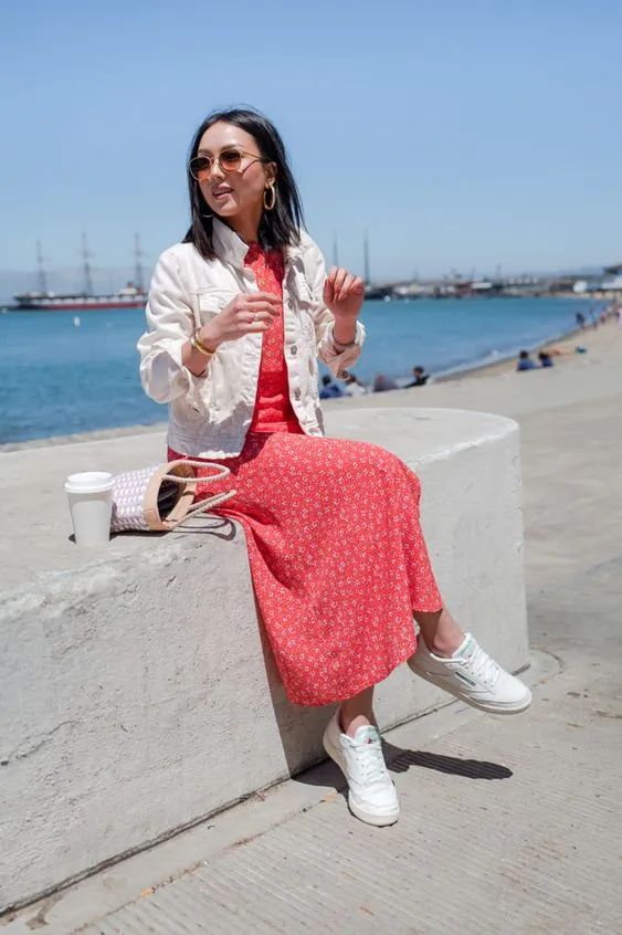 Denim Jacket and Floral Midi Dress for Coastal Daytime Style — San Francisco Outfits