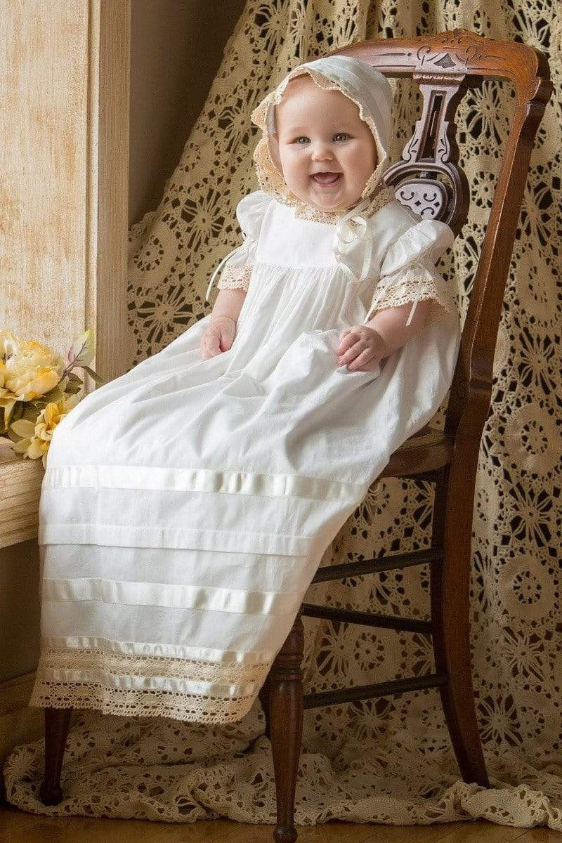 Long Ivory Christening Gown with Lace Trim and Ribbon — Baptism Outfits