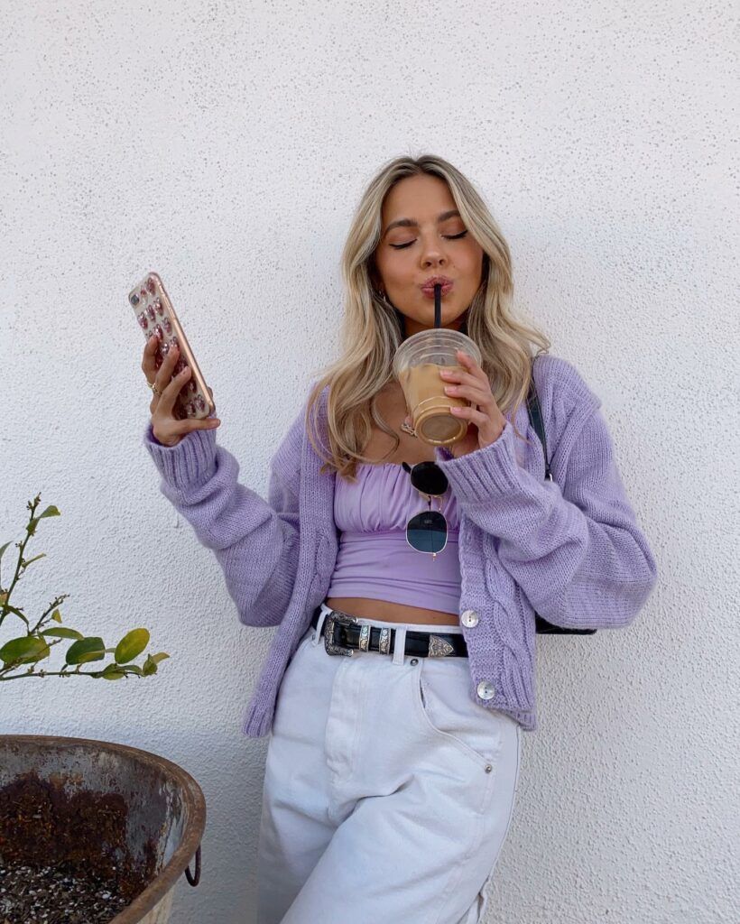 Lilac Knit Set and White Jeans for a Coordinated Coffee Date Lilac Knit Set and White Jeans for a Coordinated Coffee Date — Coffee Date Outfits