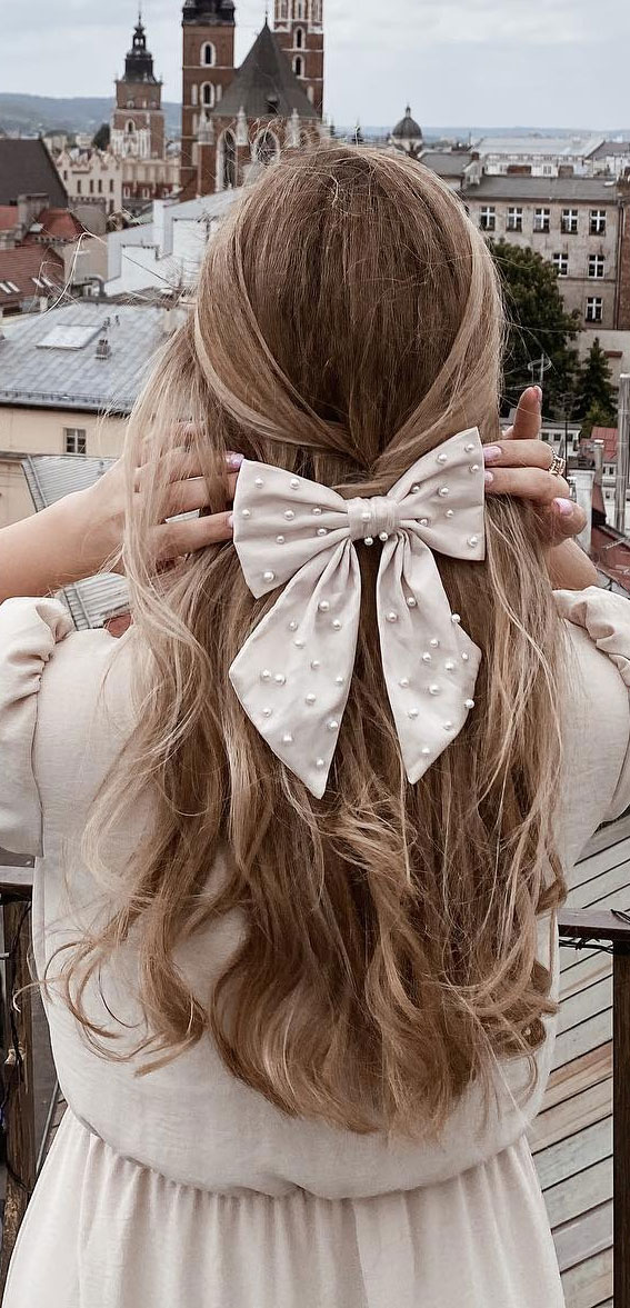Pearl Embellished Half Up Blonde Waves — Hair Bow Hairstyles
