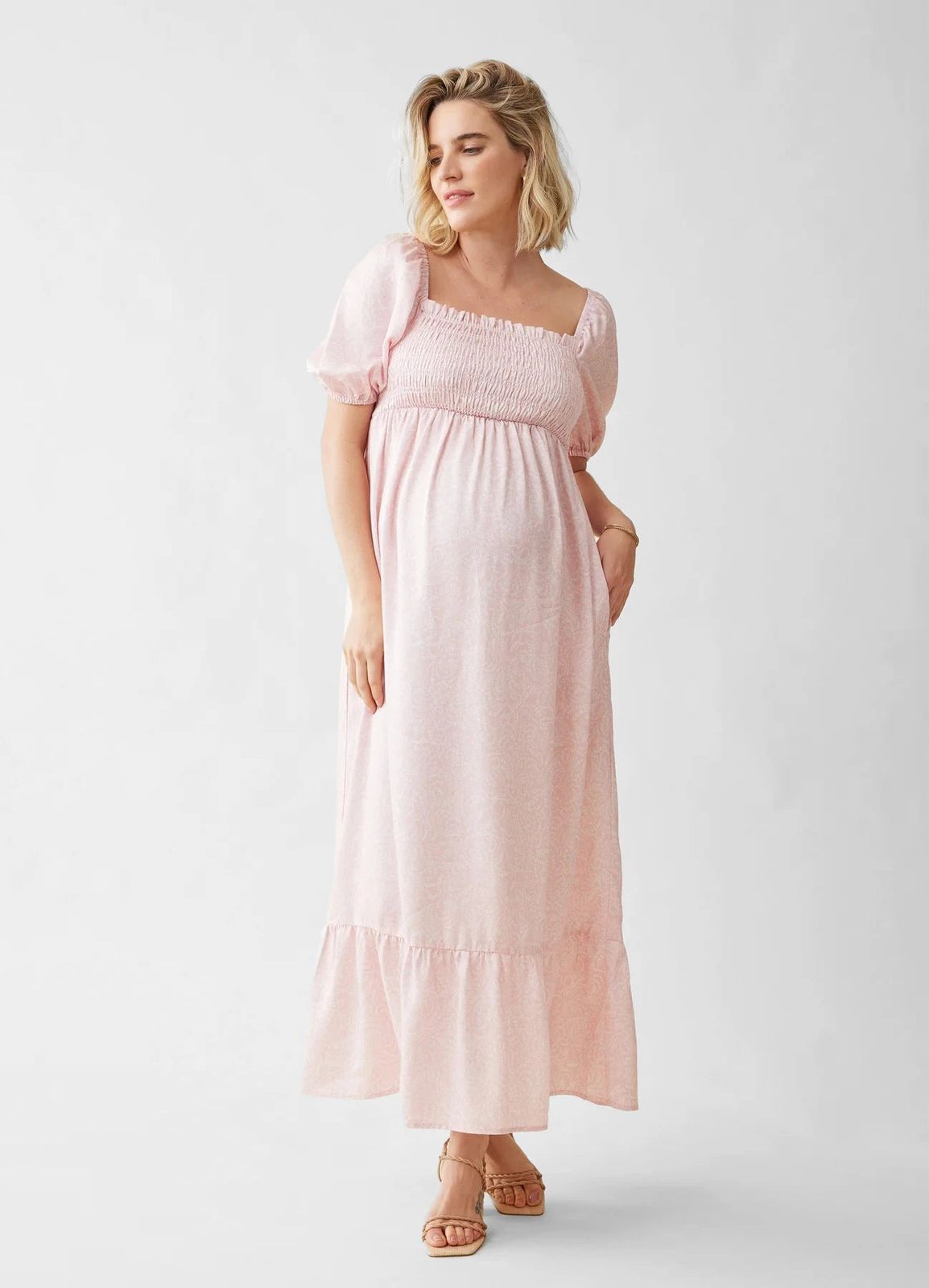 Patterned Maternity Midi Dress with Puff Sleeves Patterned Maternity Midi Dress with Puff Sleeves — Maternity Dresses