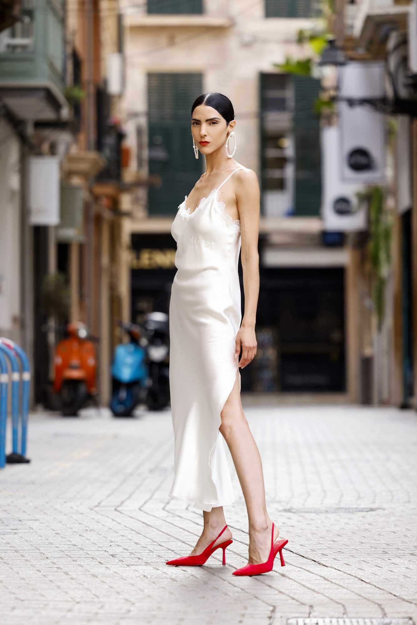 White Silk Slip Dress with Lace and Red Heels White Silk Slip Dress with Lace and Red Heels — Slip Dresses