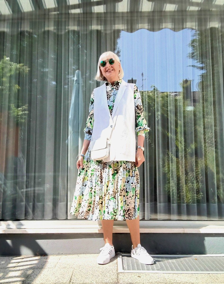 Coastal Grandma Aesthetic: Floral Dress with a White Vest — Grandma Outfits