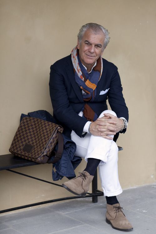 Navy Tweed Blazer with Patterned Scarf and Tan Boots Navy Tweed Blazer with Patterned Scarf and Tan Boots — Outfits for Men Over 50