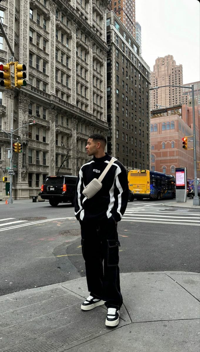 Striped Sweatshirt with Wide-Leg Cargo Pants Striped Sweatshirt with Wide-Leg Cargo Pants — Mens Streetwear Outfits