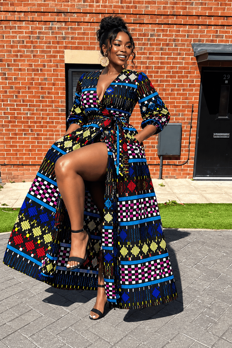 Vibrant Wrap Maxi Dress with High Slit for Evening Events — African Print Dresses