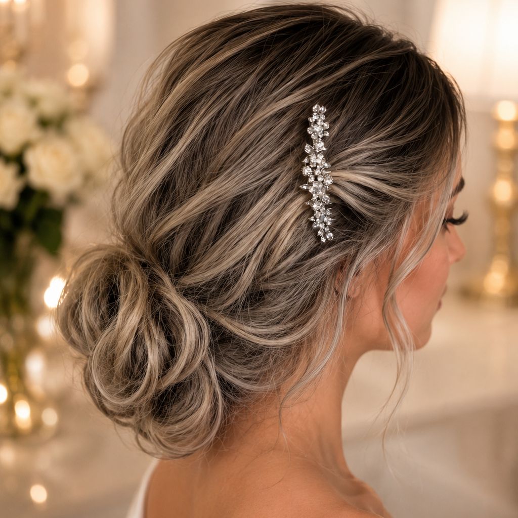 Ash Blonde Low Bun with Floral Comb — Church Hairstyles