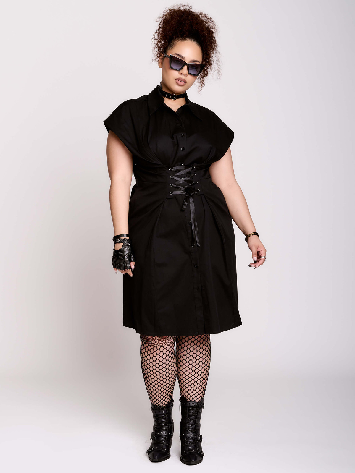 Shirt Dress with Corset Belt and Fishnet Stockings for a Textured Goth Look — Corporate Goth Outfits