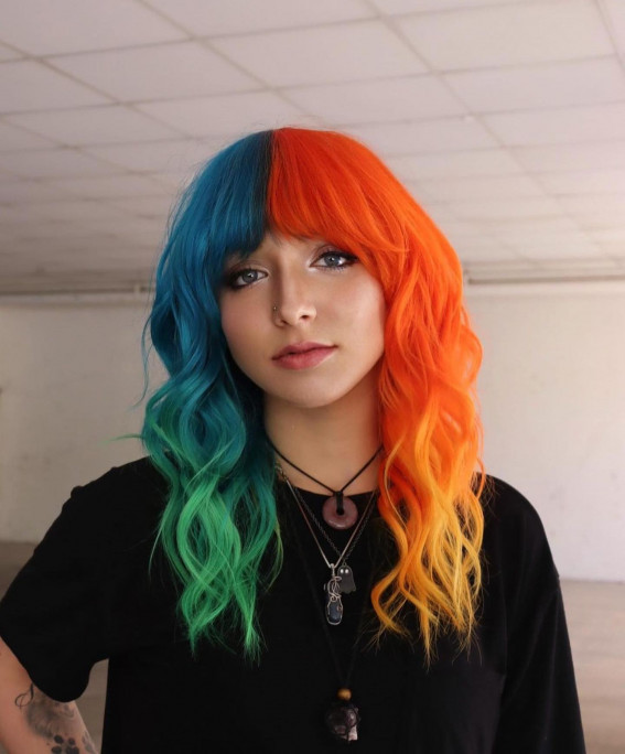 Teal and Orange With Full Bangs Teal and Orange With Full Bangs — Split Dye Hair
