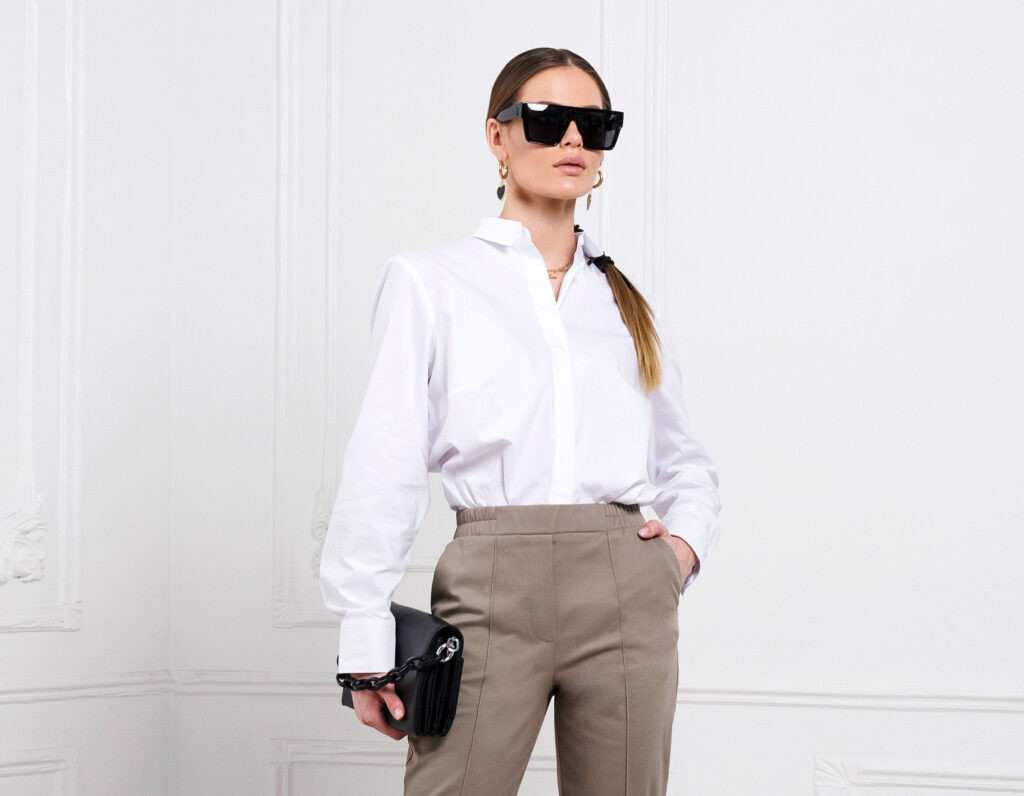Minimalist Chic: White Button-Down with Beige Trousers — Therapist Outfits