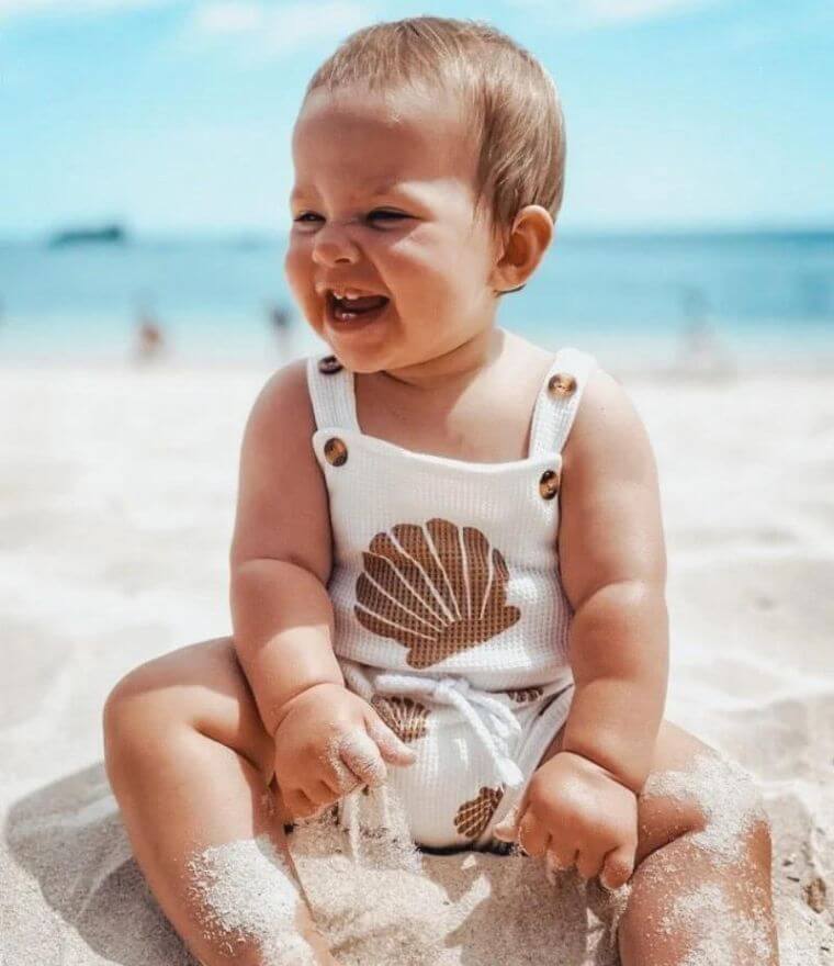 Beach-Ready White Waffle Knit Romper with Shell Print Beach-Ready White Waffle Knit Romper with Shell Print — Baby Outfits