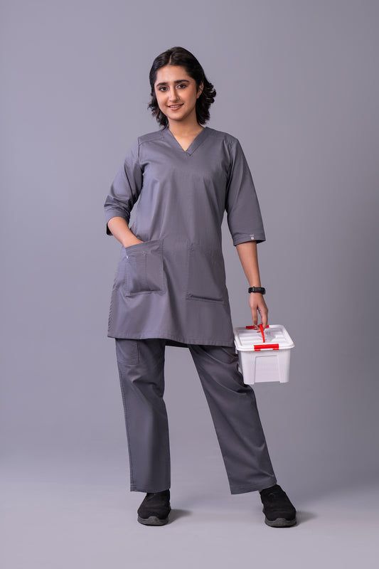 Grey Three-Quarter Sleeve Tunic and Straight-Leg Pants Grey Three-Quarter Sleeve Tunic and Straight-Leg Pants — Scrubs Outfits