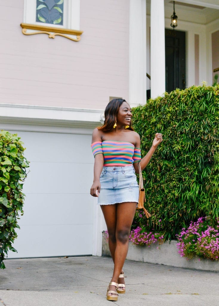 Summer Fun: Multicoloured Off-the-Shoulder Crop Top with Denim Mini Skirt — Crop Top Outfits