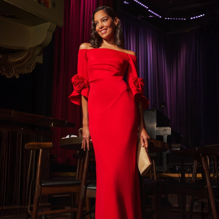 Vibrant Red Crepe Gown with Rose Embellishments — Gala Outfits