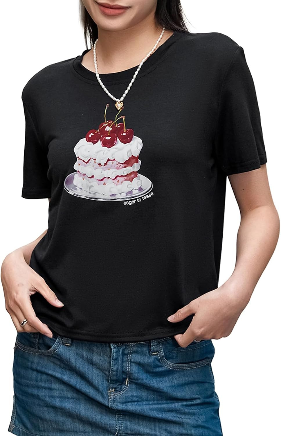 Graphic Cake Tee with Pearl Necklace: Sweet E-Girl Contrast — E-Girl Outfits