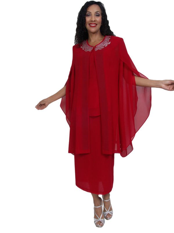 Red Sheath Dress with Embellished Chiffon Cape Overlay Red Sheath Dress with Embellished Chiffon Cape Overlay — Church Dresses