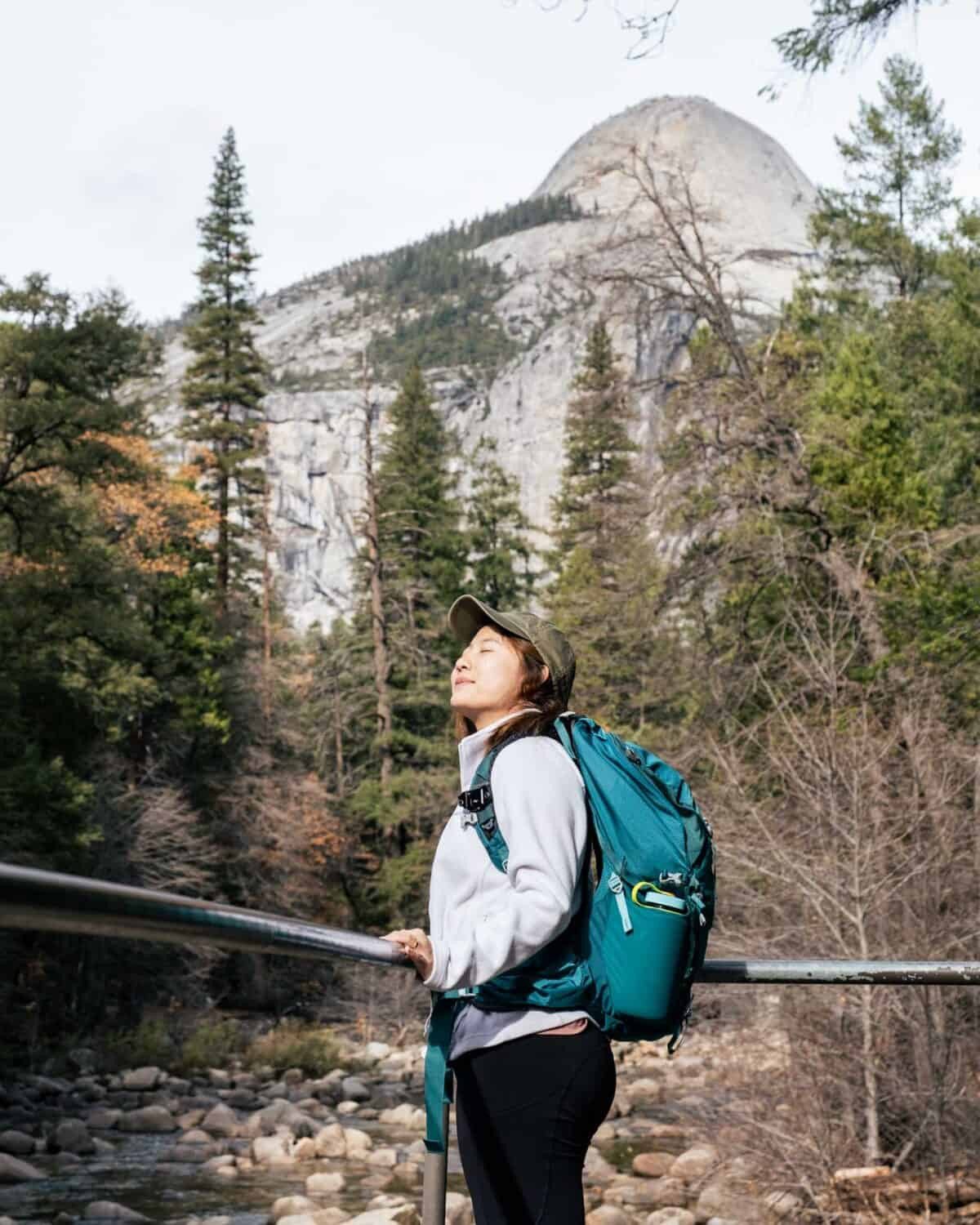 Outdoor Exploration: Grey Fleece Jacket and Teal Backpack Outdoor Exploration: Grey Fleece Jacket and Teal Backpack — Yosemite Outfits