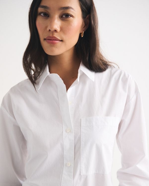 White Oversized Cotton Button-Up Shirt with Gold Hoop Earrings — Oversized Shirts