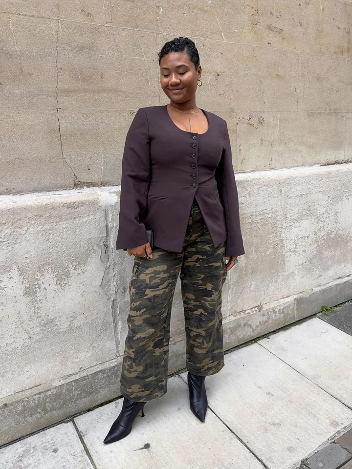 Brown Blazer with Camouflage Cargo Pants Brown Blazer with Camouflage Cargo Pants — Utilitarian Outfits