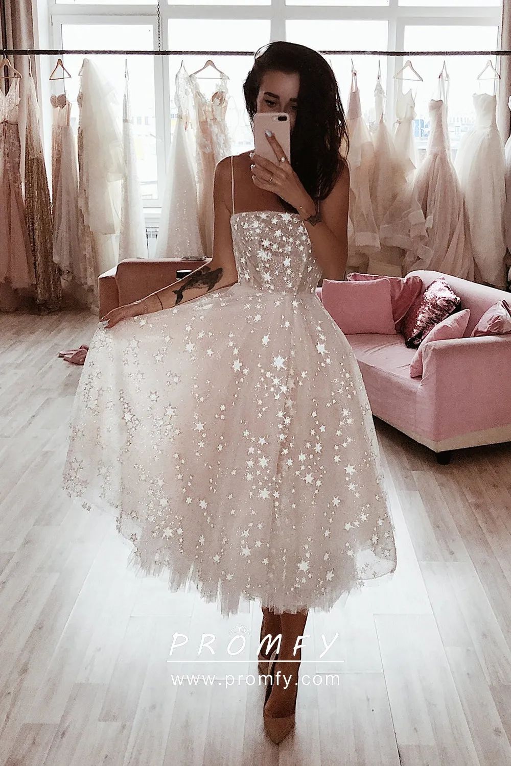 Ivory Tulle Dress with Star Embellishments and Nude Heels Ivory Tulle Dress with Star Embellishments and Nude Heels — Tea Length Dresses