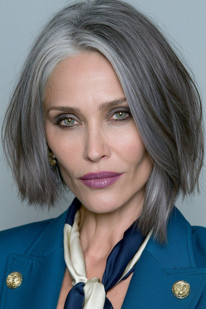 Modern Angled Grey Bob With Dark Roots Modern Angled Grey Bob With Dark Roots — Bob for Women Over 50