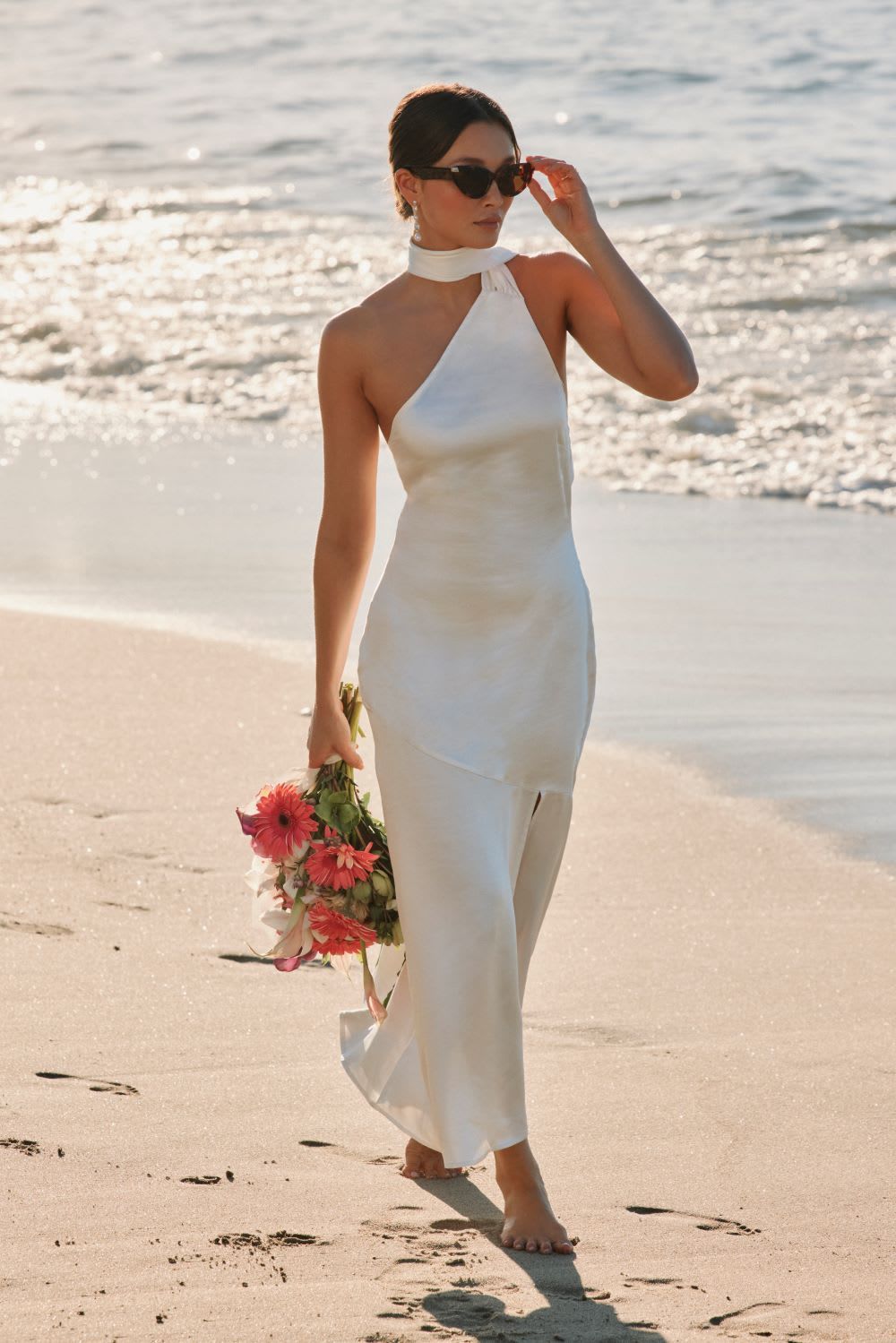 Flowing White Satin One-Shoulder Dress for Chic Honeymoons — Honeymoon Dresses