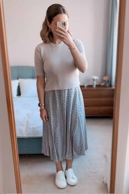 Patterned Midi Skirt with Knit Top and White Sneakers — Student Teacher Outfits