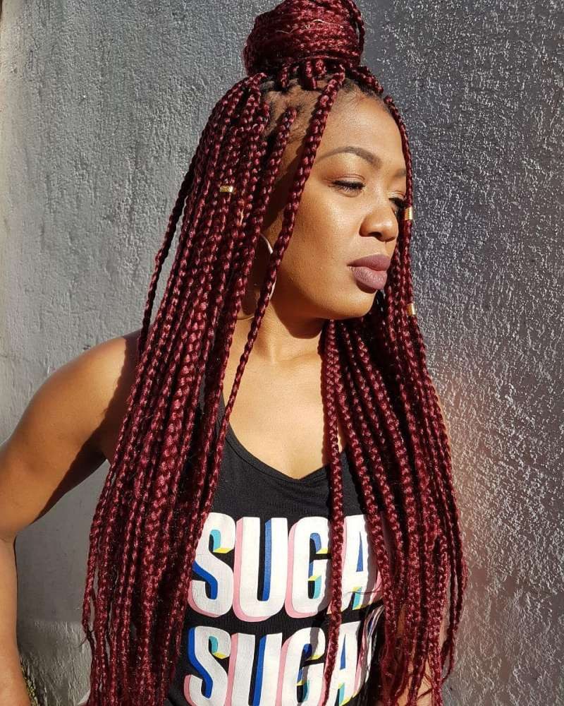 Dark Red Box Braids High Bun — Red Braids