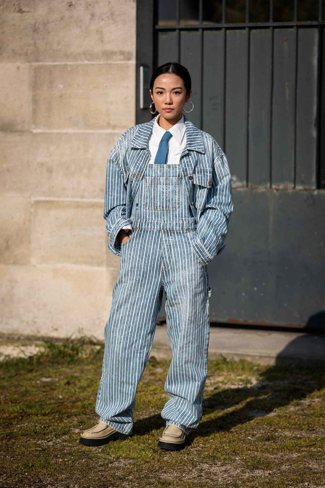 Striped Denim Overalls with Matching Jacket and Platform Loafers Striped Denim Overalls with Matching Jacket and Platform Loafers