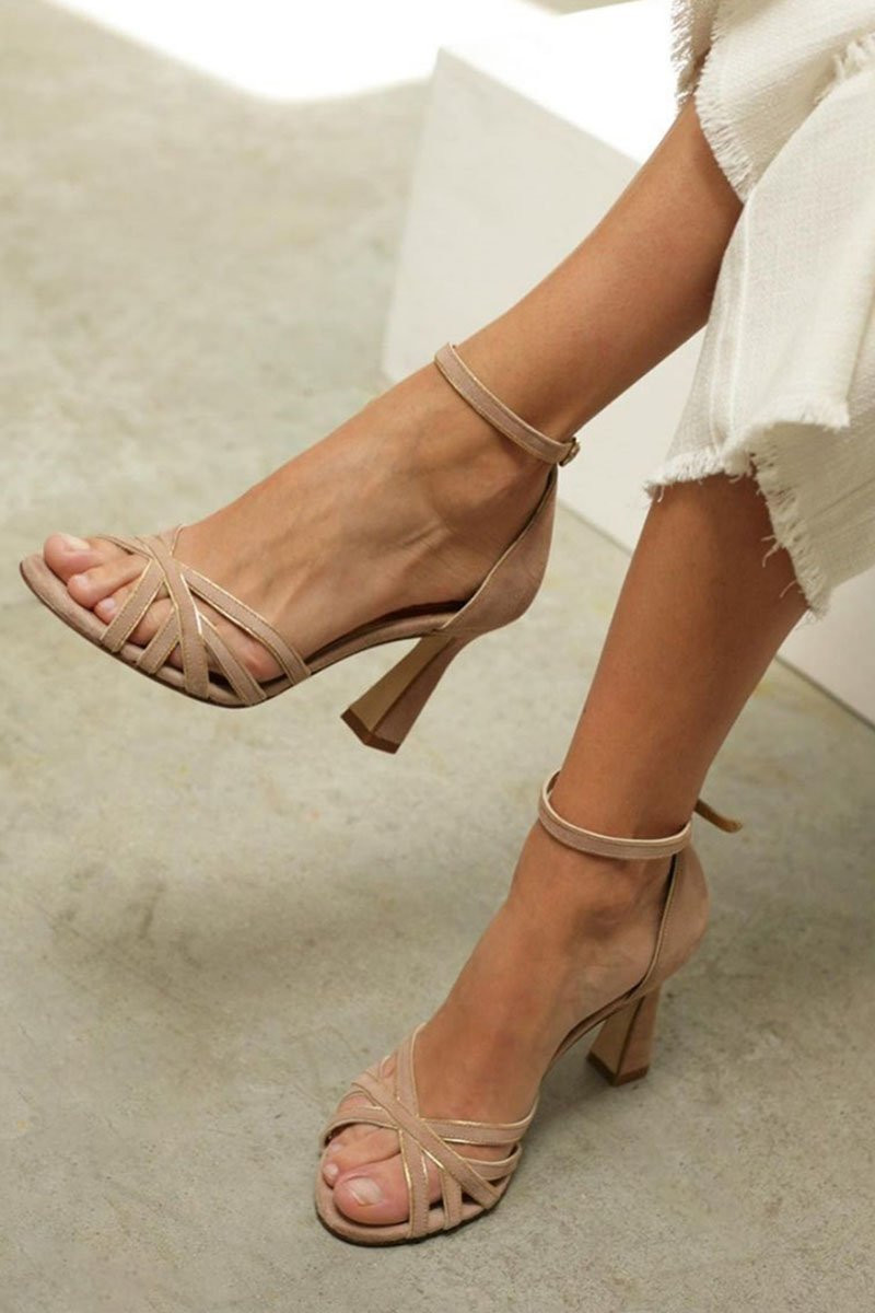 Dressy Casual Refinement: Nude Strappy Block Heels with Gold Accents Dressy Casual Refinement: Nude Strappy Block Heels with Gold Accents — Strappy Heels Outfits
