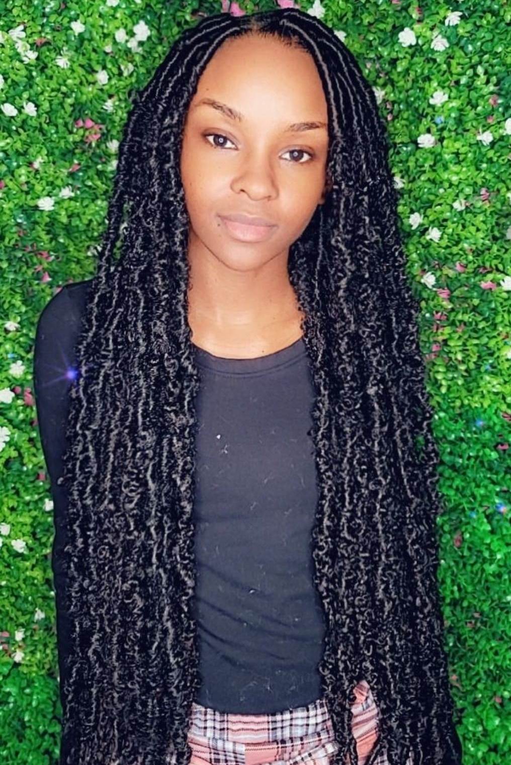 Front View Mid-Back Wavy Black Butterfly Locs