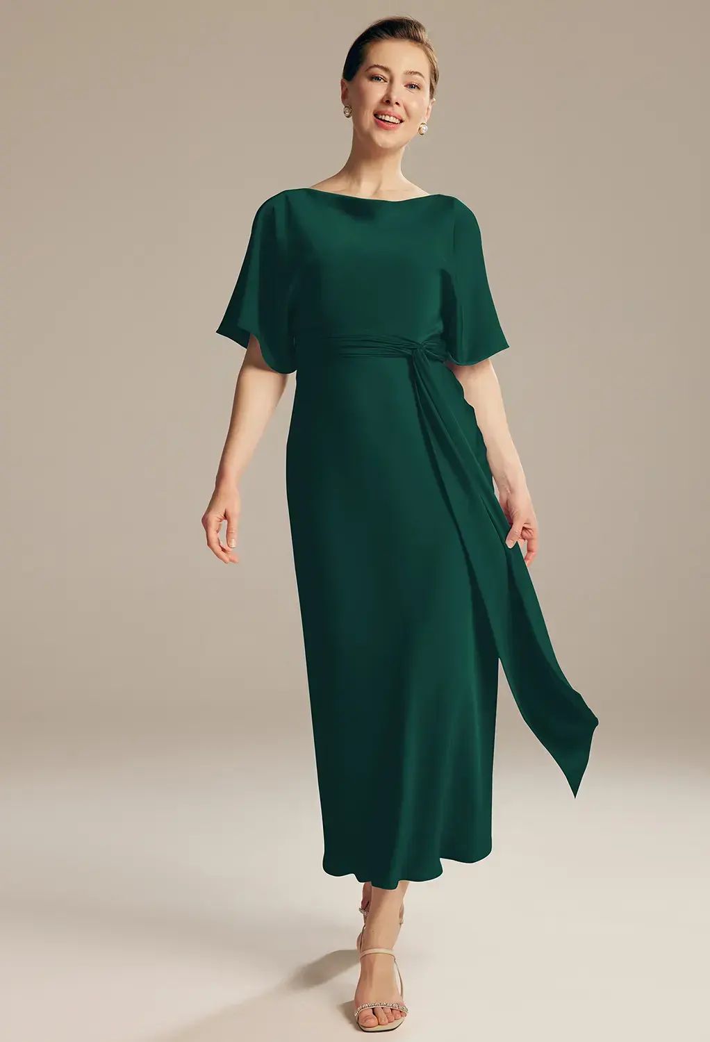 Hunter Green Crepe Midi Dress with Flutter Sleeves and Tie Waist Hunter Green Crepe Midi Dress with Flutter Sleeves and Tie Waist — Mother of the Bride Outfits