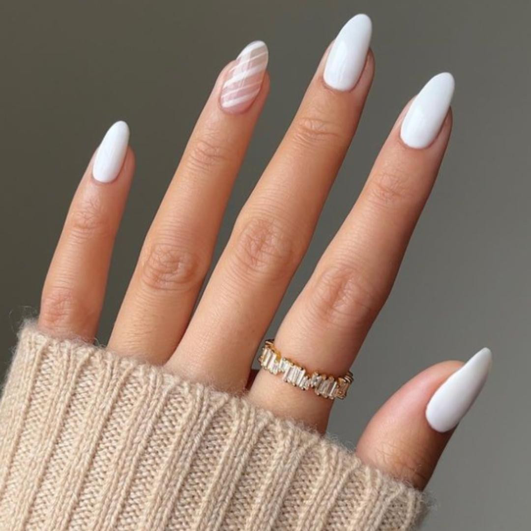 White Almond with Nude Pink Stripe Accent White Almond with Nude Pink Stripe Accent — Bridal Shower Nails