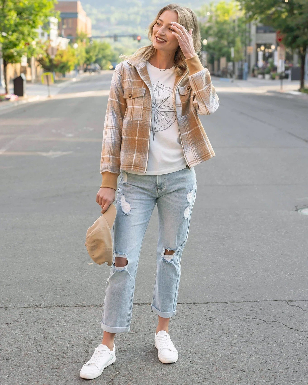 Distressed Straight-Leg Jeans with Plaid Jacket and Sneakers Distressed Straight-Leg Jeans with Plaid Jacket and Sneakers — Ripped Jeans Outfits