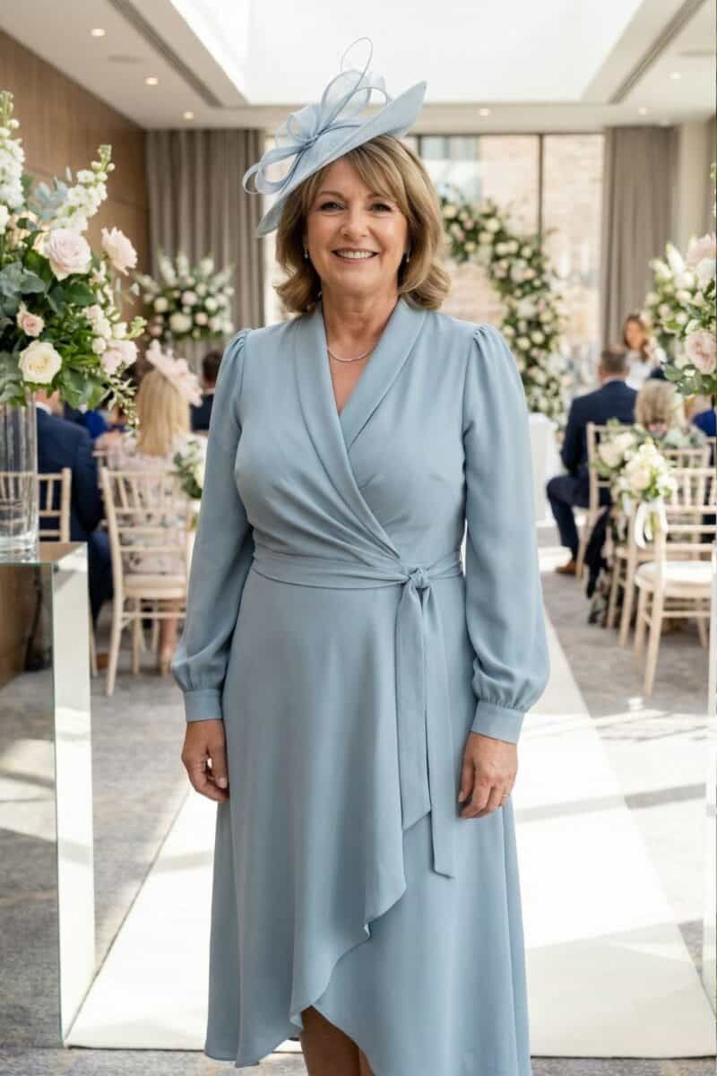 Light Blue Wrap Dress with Tie Waist for Formal Events Light Blue Wrap Dress with Tie Waist for Formal Events — Outfits to Hide Belly