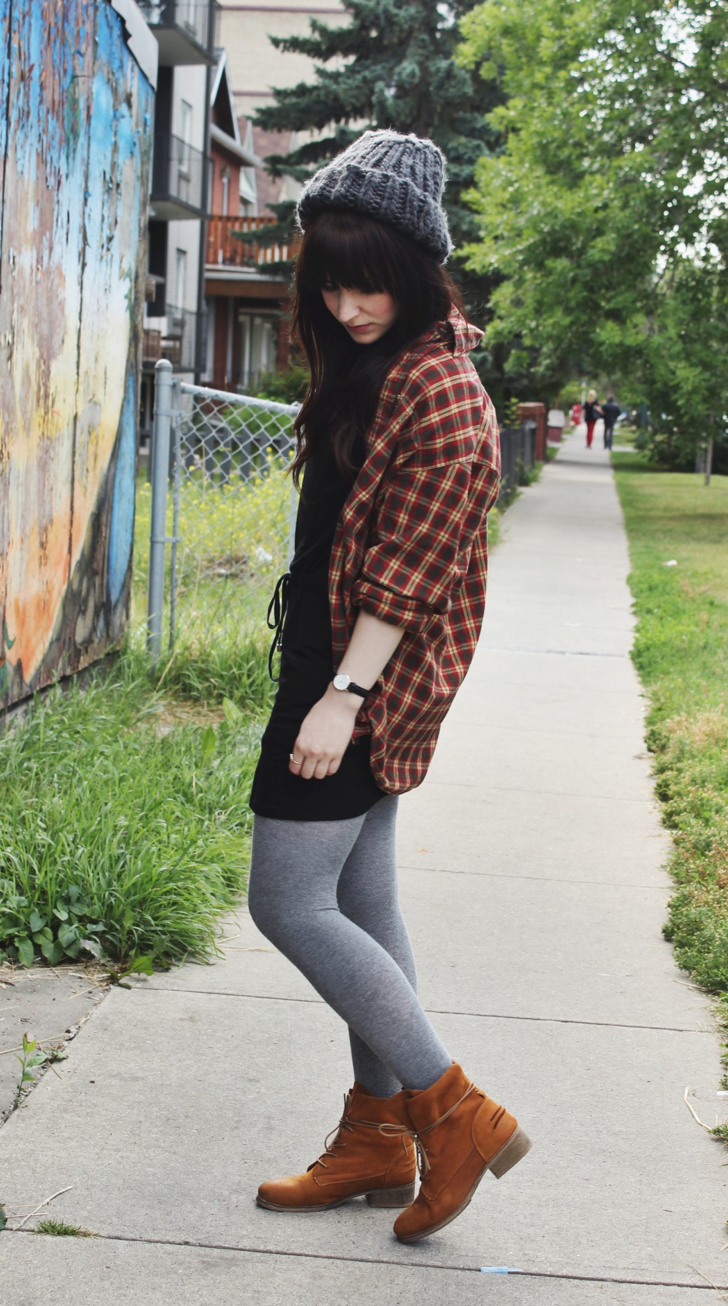 Red and Black Plaid Flannel Layered Over a Black Dress — Flannel Outfits