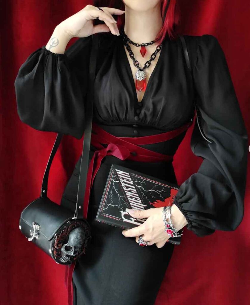 Black Long-Sleeved Dress with Red Velvet Sash and Skull Bag Black Long-Sleeved Dress with Red Velvet Sash and Skull Bag — Vampire Aesthetic Outfits