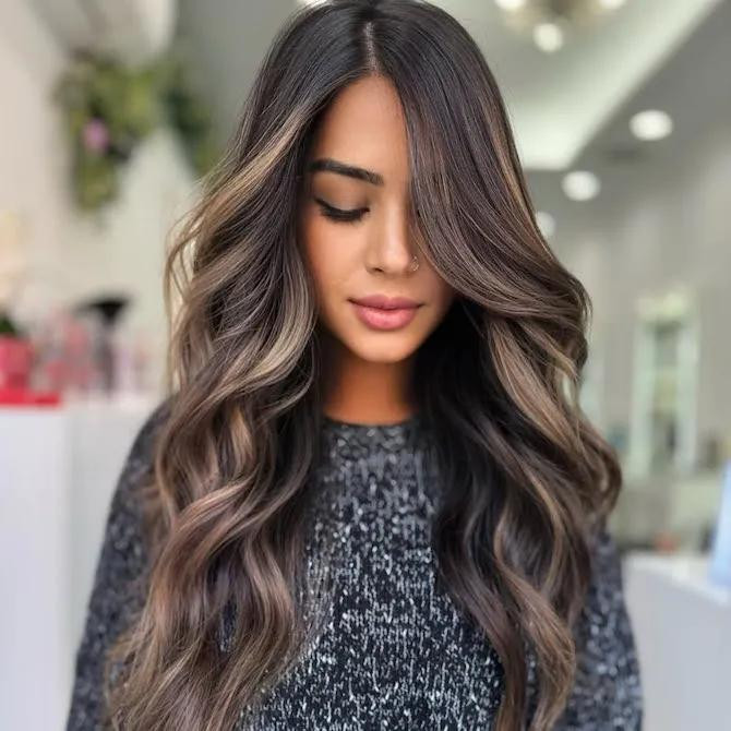 Collarbone Waves With Blended Highlights Collarbone Waves With Blended Highlights — Dark Brown Highlights