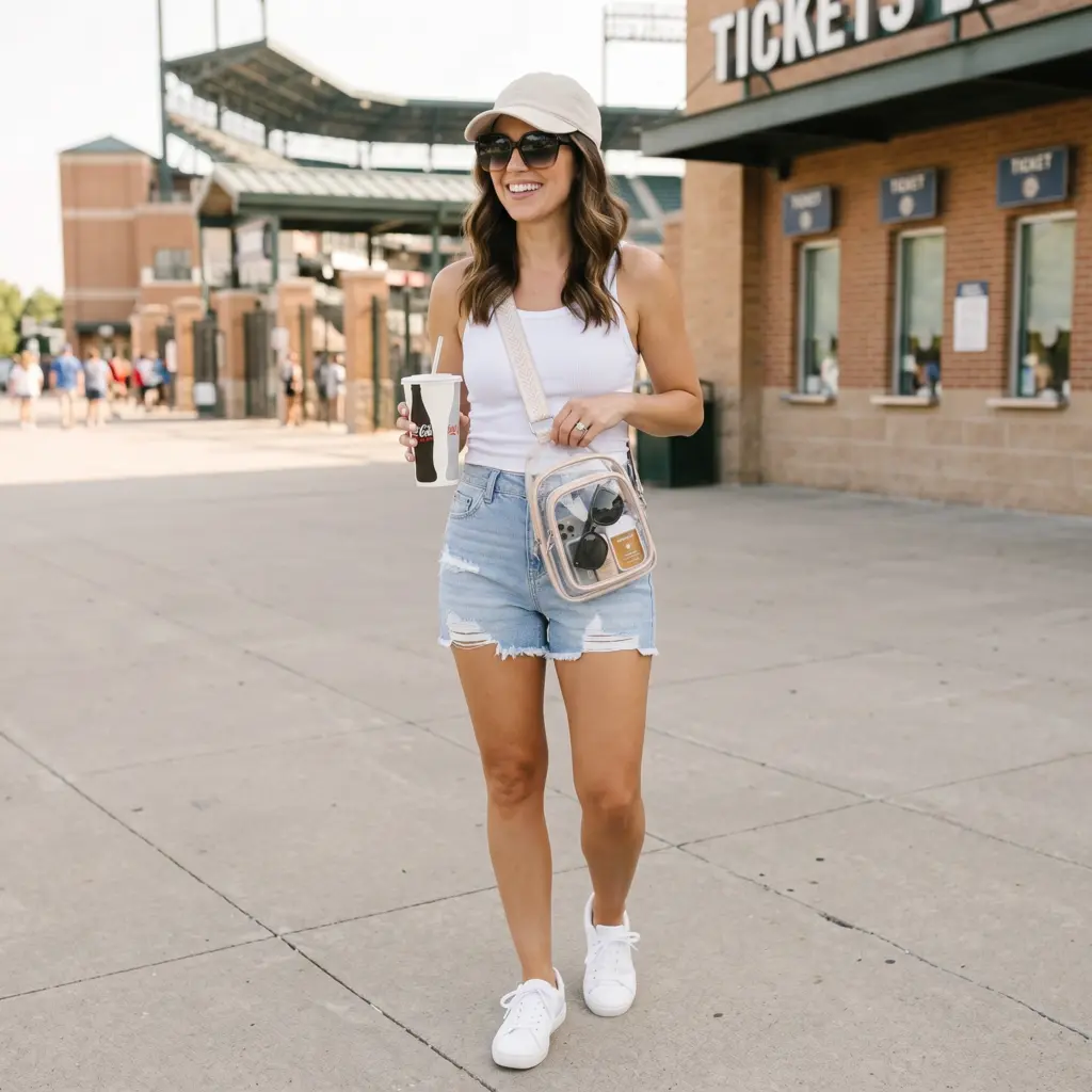 Denim Shorts and Tank Top with a Clear Crossbody Bag — Baseball Game Outfits