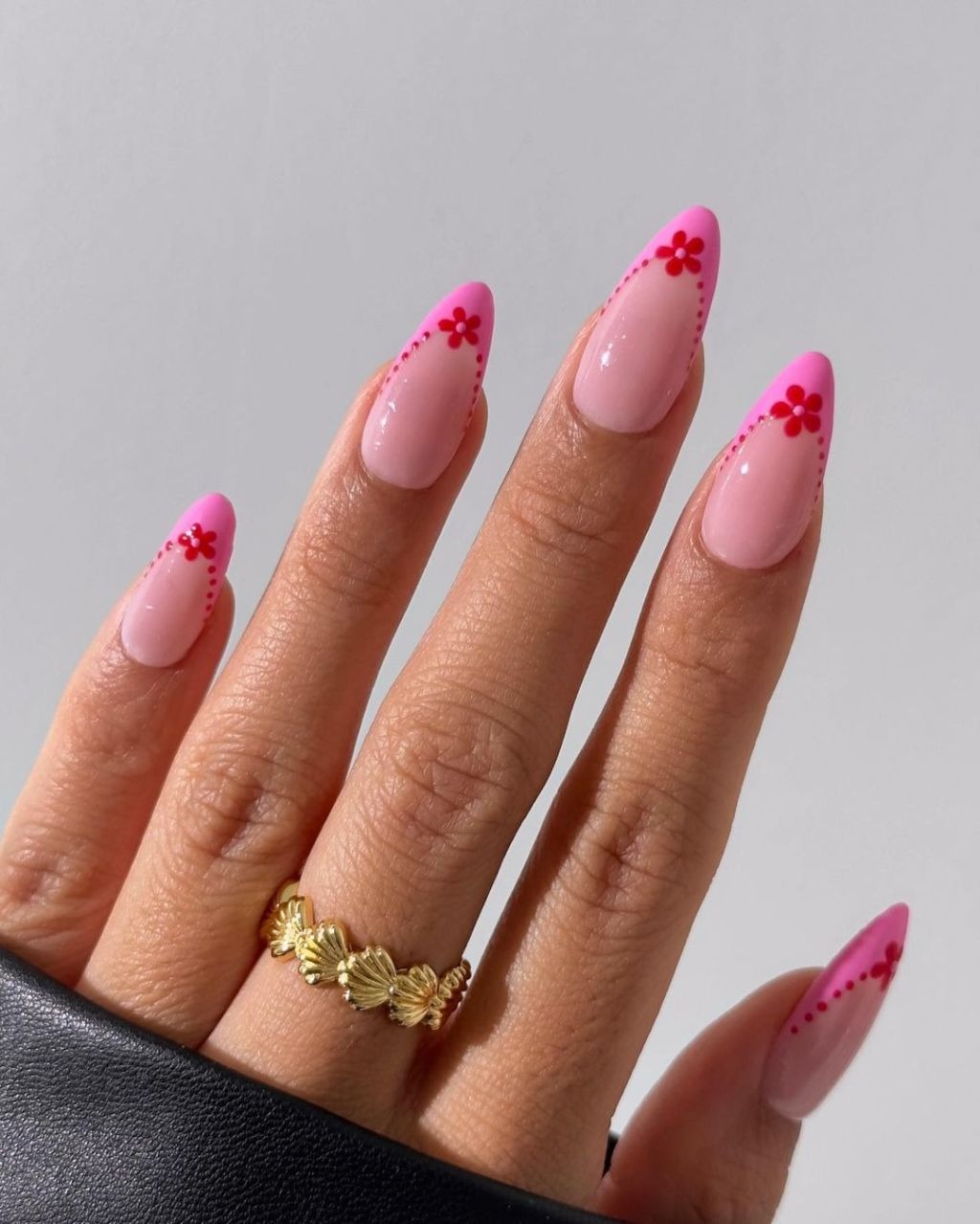Floral Hot Pink French Tip Almond Nails — Hot Pink Nails