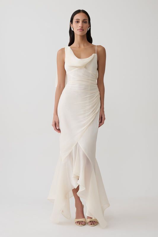 Ivory Asymmetric Cowl Neck Dress with Fishtail Hem — Rehearsal Dinner Dresses