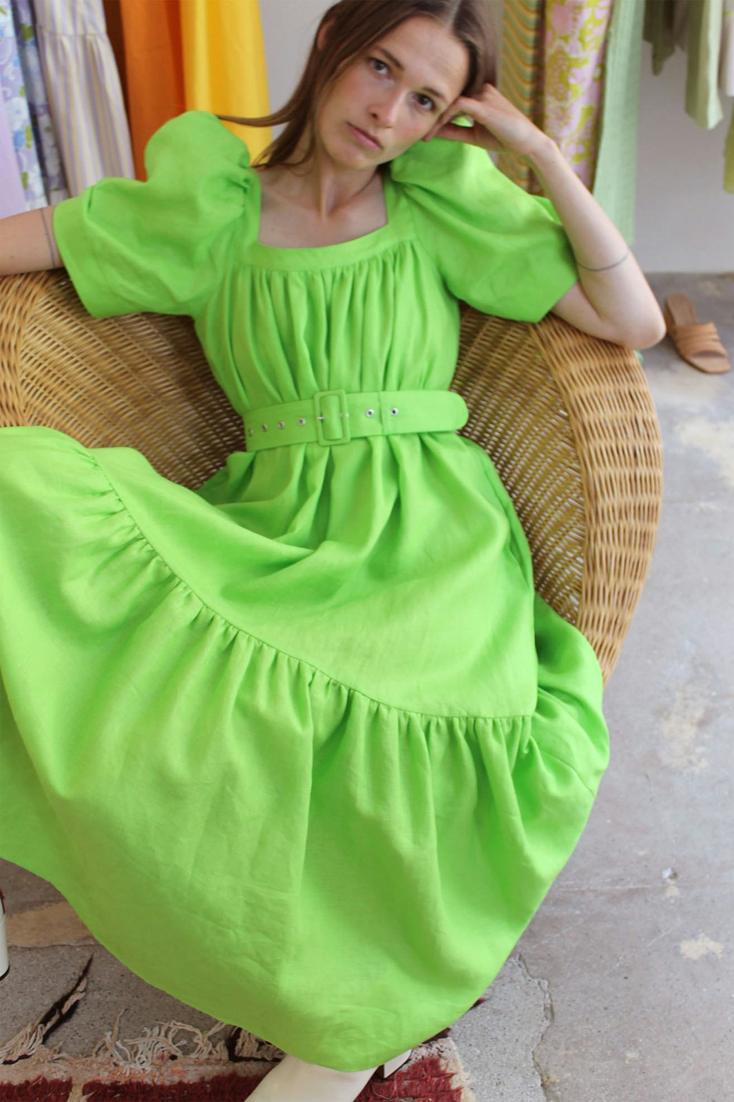 Lime Green Linen Dress with Puffy Sleeves and Belt — House Dresses
