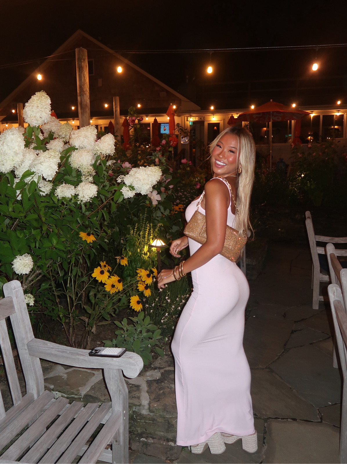Summer Evening Glam: Light Pink Maxi with Gold Accents — Skims Outfits