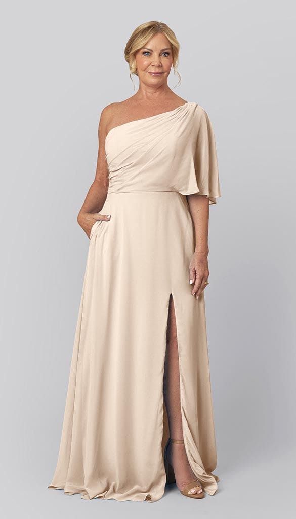 Pale Beige Crepe One-Shoulder Dress with Draped Bodice and High Slit Pale Beige Crepe One-Shoulder Dress with Draped Bodice and High Slit — Mother of the Bride Dresses